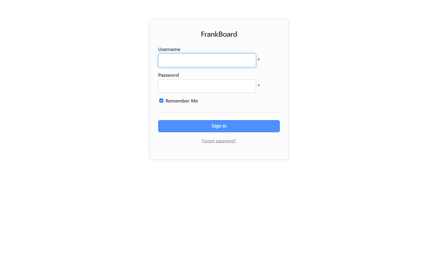 FrankBoard login page with centered card and branding